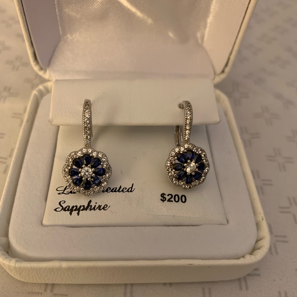 Lab created flower sapphire earrings
